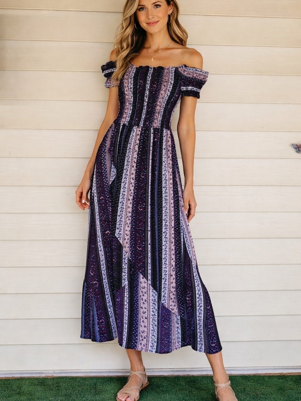Rue21 Navy and Light Pink Off-Shoulder Maxi Dress